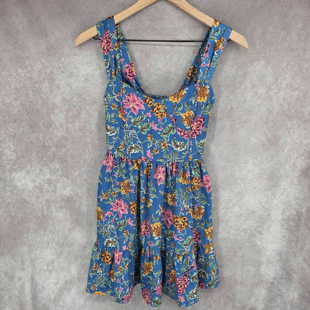 Band of the Free Blue Floral Mini Dress  XS Sun dress Boho Cottagecore Pockets
